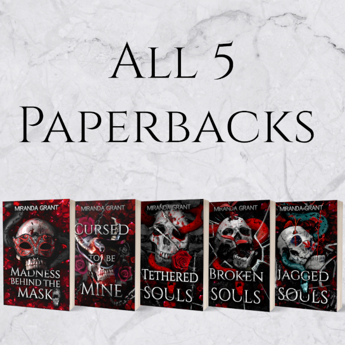 purchase all five paperbacks from the Book of Shadows series; includes paperbacks of Madness Behind the Mask, Cursed to be Mine, Tethered Souls, Broken Souls, and Jagged Souls