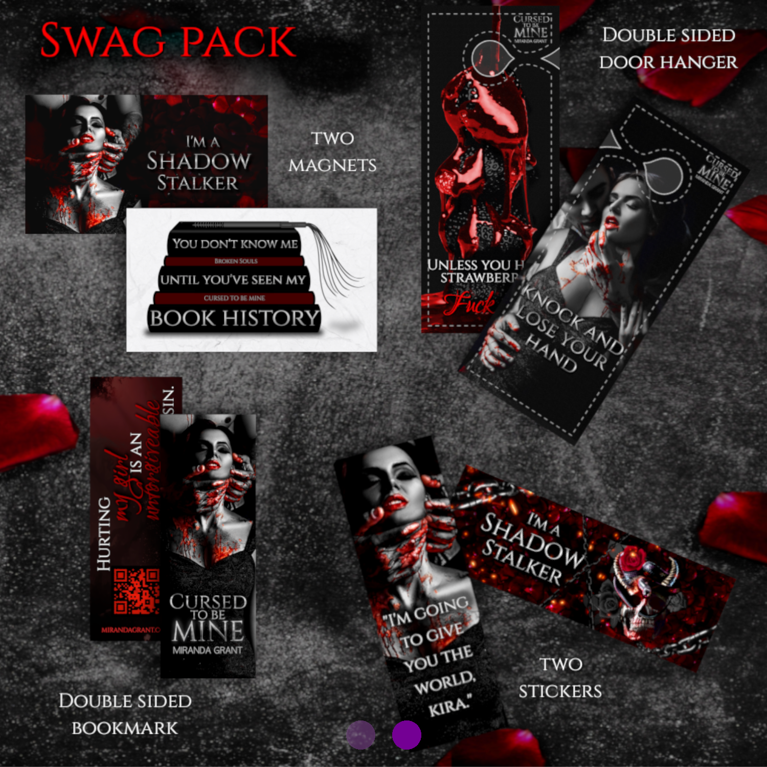 swag set from the Cursed to be Mine by Miranda Grant comes with stickers, a bookmark, door hanger, and magnets