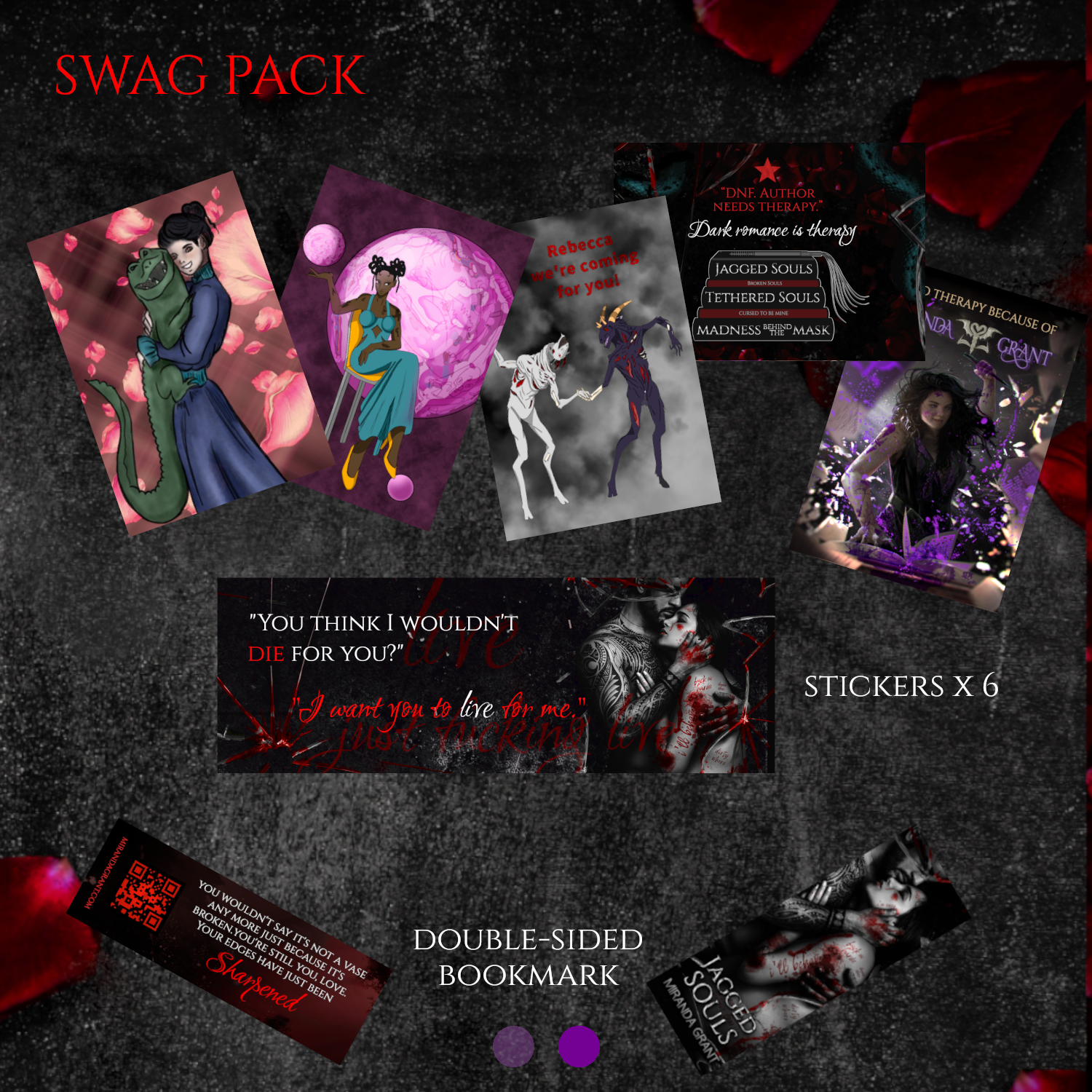 swag set from the Tethered Souls by Miranda Grant comes with stickers, a bookmark, and door hanger