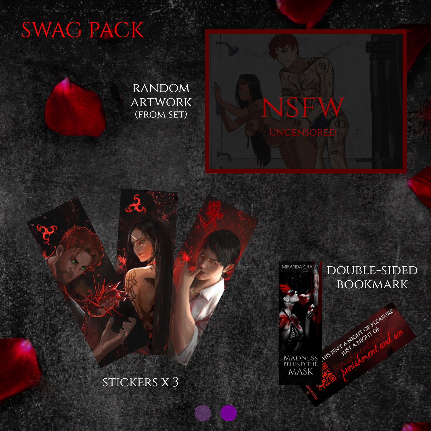 swag set from the Madness Behind the Mask comes with stickers, bookmark, and artwork