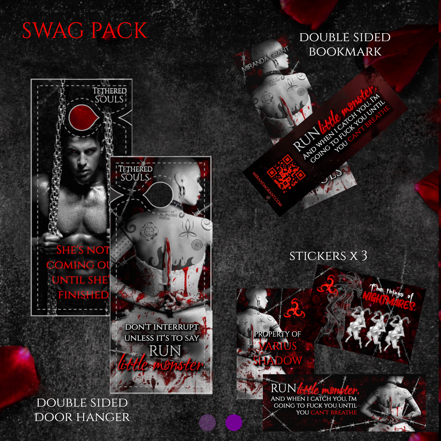 swag set from the Tethered Souls by Miranda Grant comes with stickers, a bookmark, and door hanger